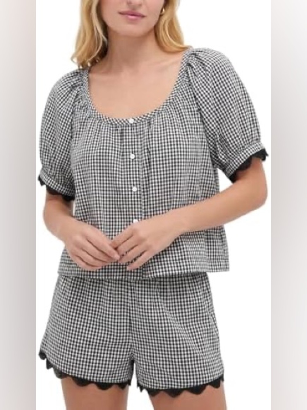 Gingham Short Sleeve Top and Shorts Set - Black/White